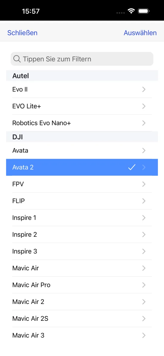 Drohnenprofil-Auswahl mit Modellen von Autel und DJI wie Evo II, EVO Lite+, Avata, Avata 2, FPV, FLIP, Inspire und Mavic Air.