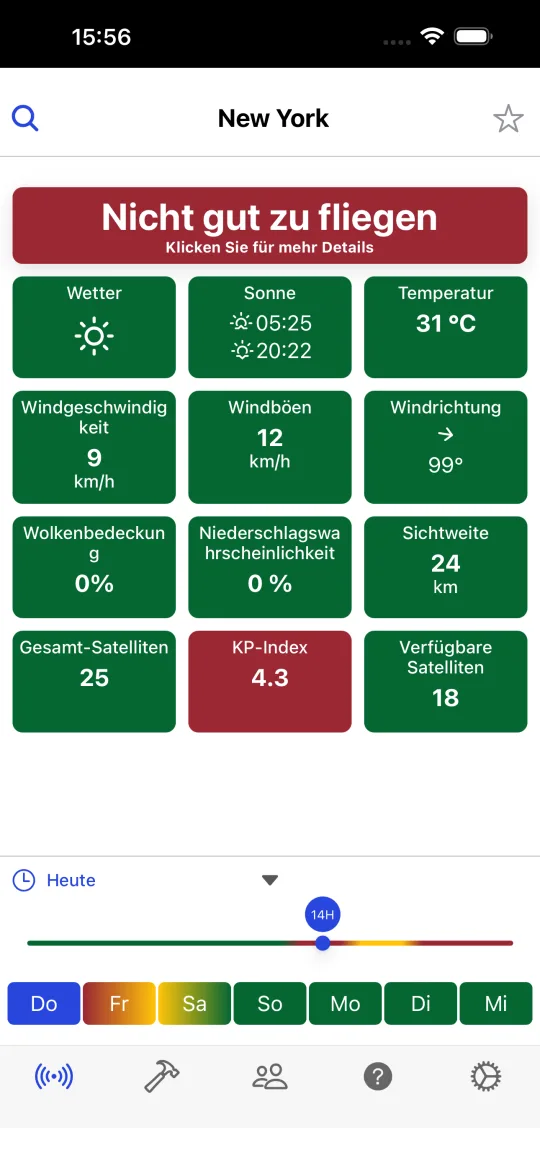 Startbildschirm von Drone Weather Forecast mit dem Urteil für die gewählte Stadt und Karten für Wetter, Sonne, Temperatur, Windgeschwindigkeit, Böen, Richtung, Bewölkung, Niederschlag, Sicht, sichtbare Satelliten, KP-Index und empfangene Satelliten sowie der 7-Tage-Zeitleiste.