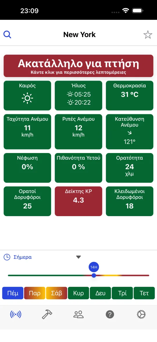 Αρχική οθόνη του Drone Weather Forecast με την ετυμηγορία για την επιλεγμένη πόλη και κάρτες για καιρό, ήλιο, θερμοκρασία, ταχύτητα ανέμου, ριπές, κατεύθυνση, νεφοκάλυψη, βροχόπτωση, ορατότητα, ορατούς δορυφόρους, δείκτη KP και κλειδωμένους δορυφόρους, καθώς και το χρονοδιάγραμμα 7 ημερών.