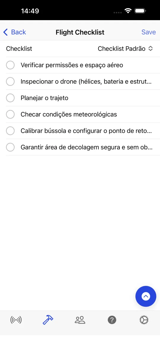 Flight checklist screen with items such as verify permissions and airspace, inspect the drone, plan the route, check weather conditions, calibrate the compass and secure a safe take-off area.