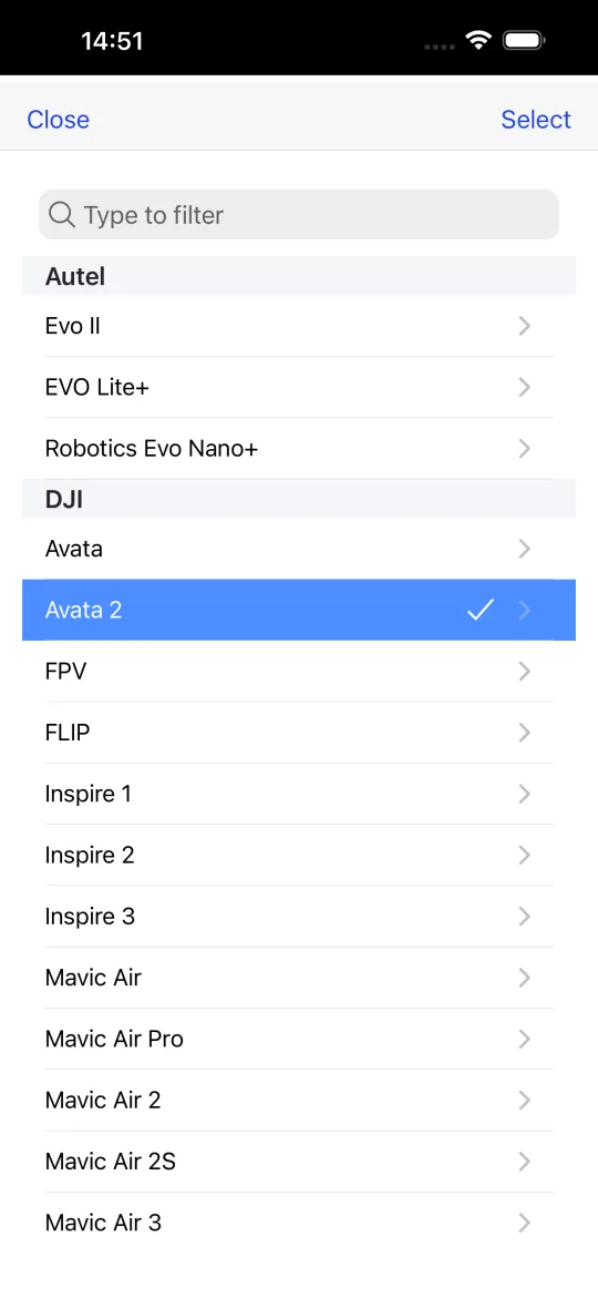 Drone preset picker listing Autel Evo II, EVO Lite+ and Robotics Evo Nano+ followed by DJI Avata, Avata 2, FPV, FLIP, Inspire 1, 2 and 3, Mavic Air and Mavic Air 2.