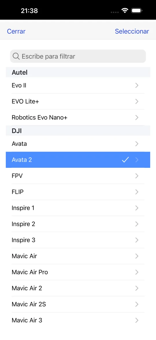 Selector de perfiles de dron con modelos de Autel y DJI, como Evo II, EVO Lite+, Avata, Avata 2, FPV, FLIP, Inspire y Mavic Air.