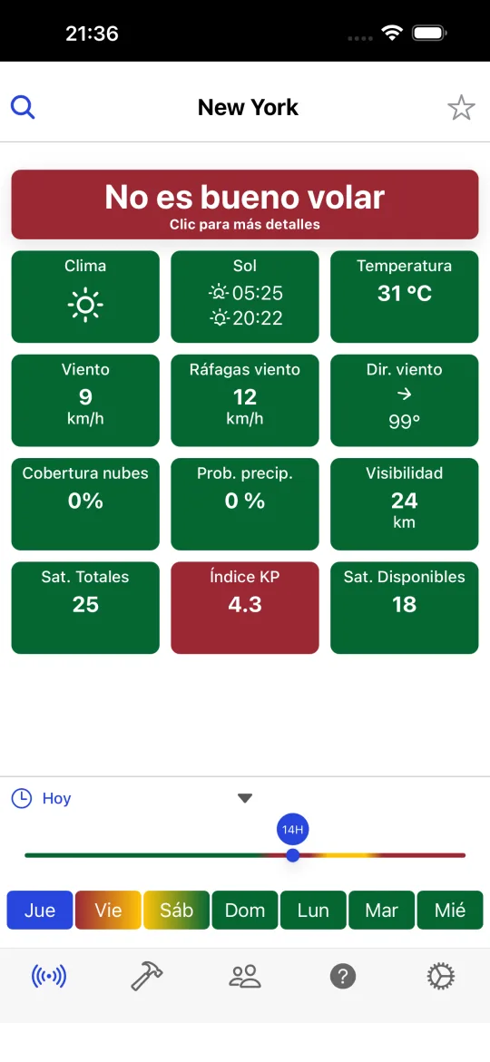 Pantalla principal de Drone Weather Forecast con el veredicto de la ciudad seleccionada y tarjetas de tiempo, sol, temperatura, viento, rachas, dirección, nubosidad, precipitación, visibilidad, satélites visibles, índice KP y satélites fijados, además de la línea de tiempo de 7 días.