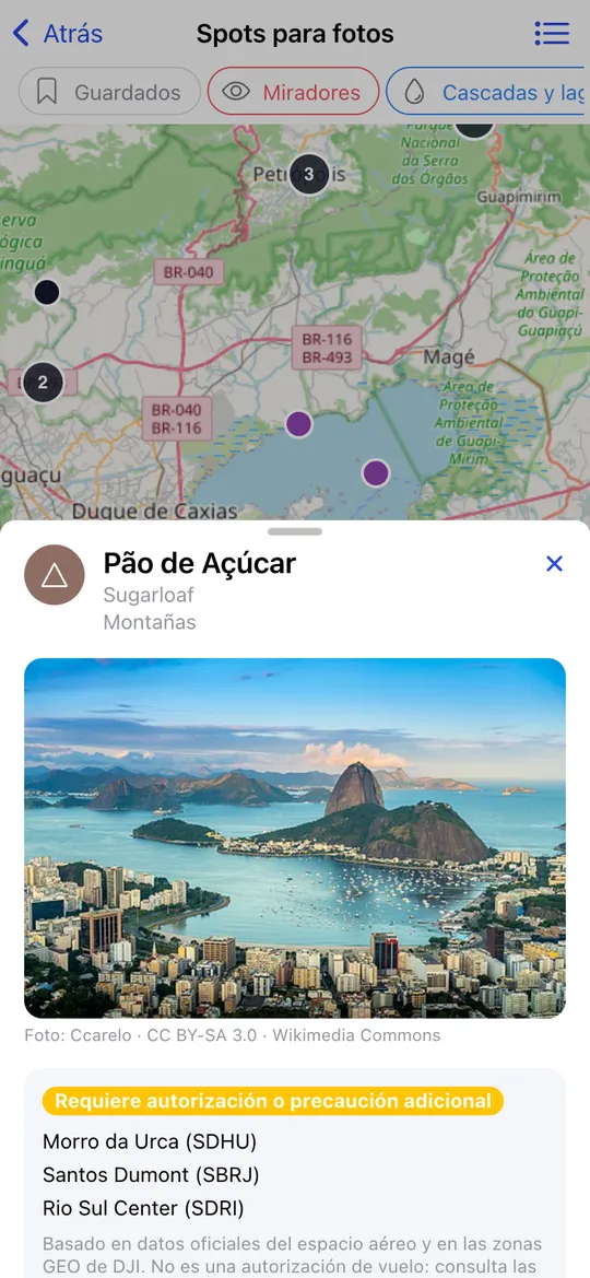 Ficha del spot Pan de Azúcar, en Río de Janeiro, con su foto de Wikimedia Commons y las zonas del espacio aéreo cercanas, sobre el mapa de spots con filtros de categoría.