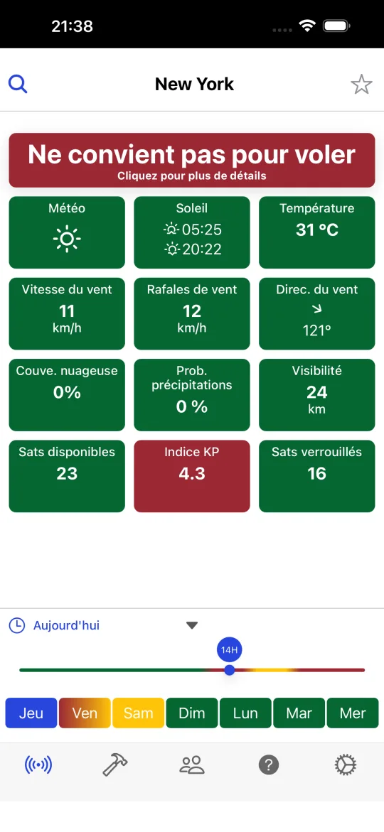 Écran d’accueil de Drone Weather Forecast avec le verdict pour la ville choisie et des cartes pour la météo, le soleil, la température, la vitesse du vent, les rafales, la direction, la nébulosité, les précipitations, la visibilité, les satellites visibles, l’indice KP et les satellites verrouillés, plus la frise des 7 jours.