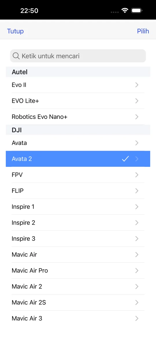 Pemilih preset drone yang mencantumkan model Autel dan DJI seperti Evo II, EVO Lite+, Avata, Avata 2, FPV, FLIP, Inspire, dan Mavic Air.