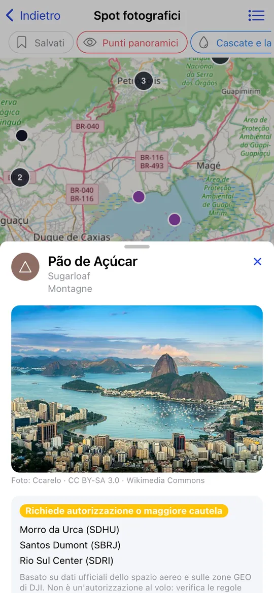 Scheda dello spot Pan di Zucchero, a Rio de Janeiro, con la sua foto da Wikimedia Commons e le zone dello spazio aereo vicine, sopra la mappa degli spot con i filtri per categoria.