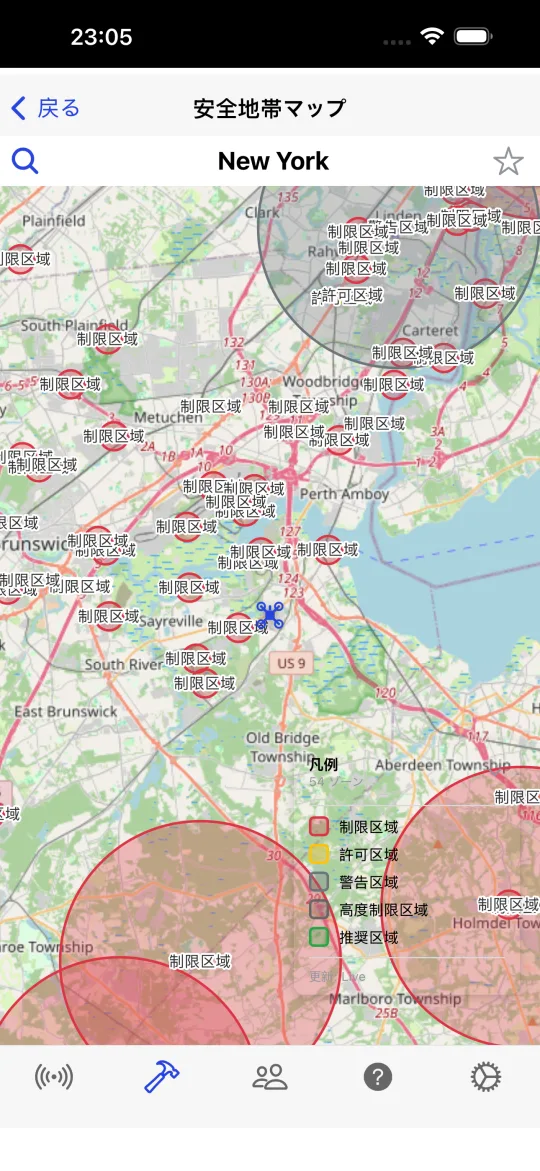 制限区域の赤い円と、制限・認証・警告・高度・推奨区域の凡例を表示する安全区域マップ。