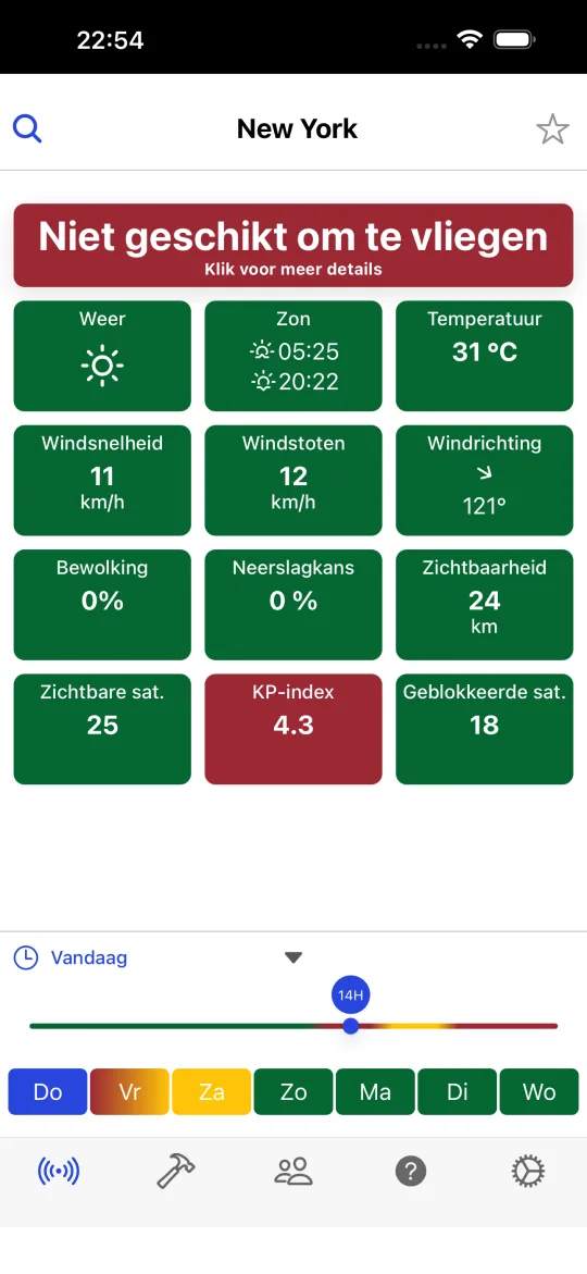 Startscherm van Drone Weather Forecast met het oordeel voor de gekozen stad en kaarten voor weer, zon, temperatuur, windsnelheid, windstoten, richting, bewolking, neerslag, zicht, zichtbare satellieten, KP-index en vastgezette satellieten, plus de 7-daagse tijdlijn.