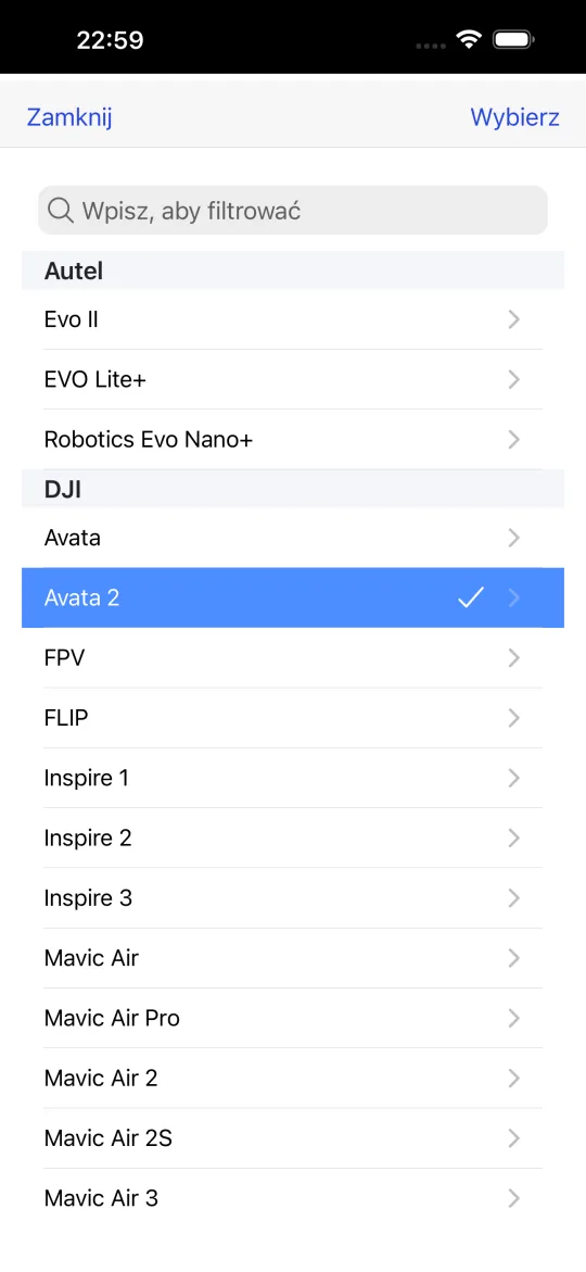 Wybór profilu drona z modelami Autel i DJI, takimi jak Evo II, EVO Lite+, Avata, Avata 2, FPV, FLIP, Inspire i Mavic Air.
