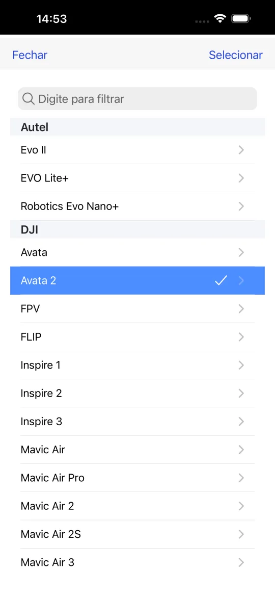 Seletor de presets de drone listando modelos Autel e DJI, como Evo II, EVO Lite+, Avata, Avata 2, FPV, FLIP, Inspire e Mavic Air.