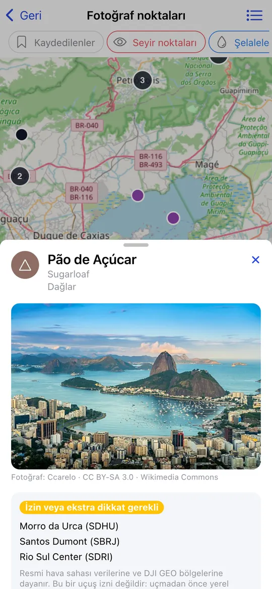 Rio de Janeiro'daki Pão de Açúcar nokta kartı; Wikimedia Commons fotoğrafı ve yakındaki hava sahası bölgeleriyle, kategori filtreli fotoğraf noktaları haritasının üzerinde.