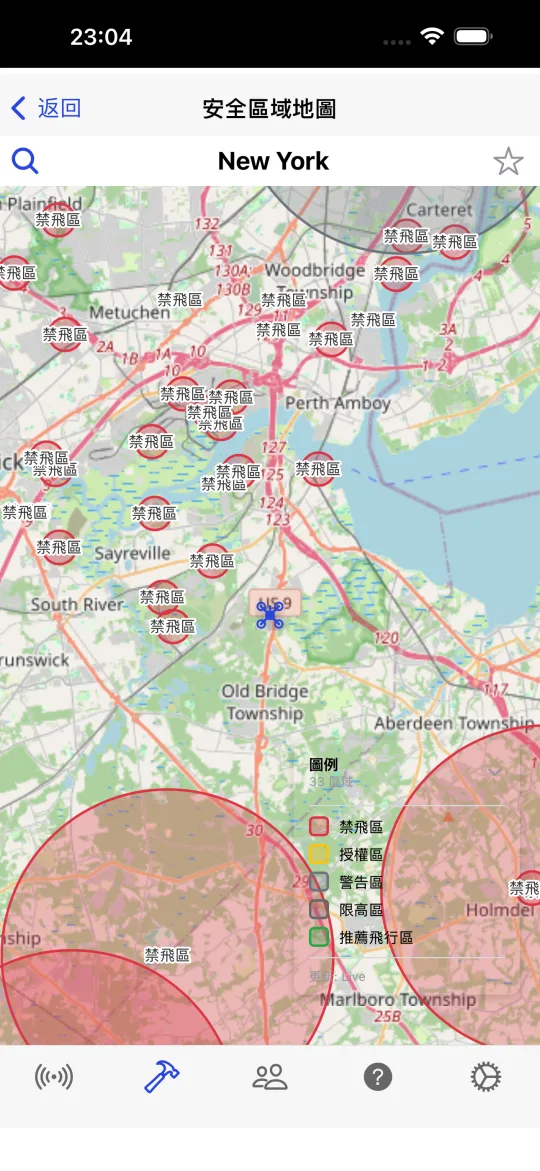 安全區地圖，顯示限飛區的紅色圓圈，以及限飛、授權、警示、限高與建議區域的圖例。